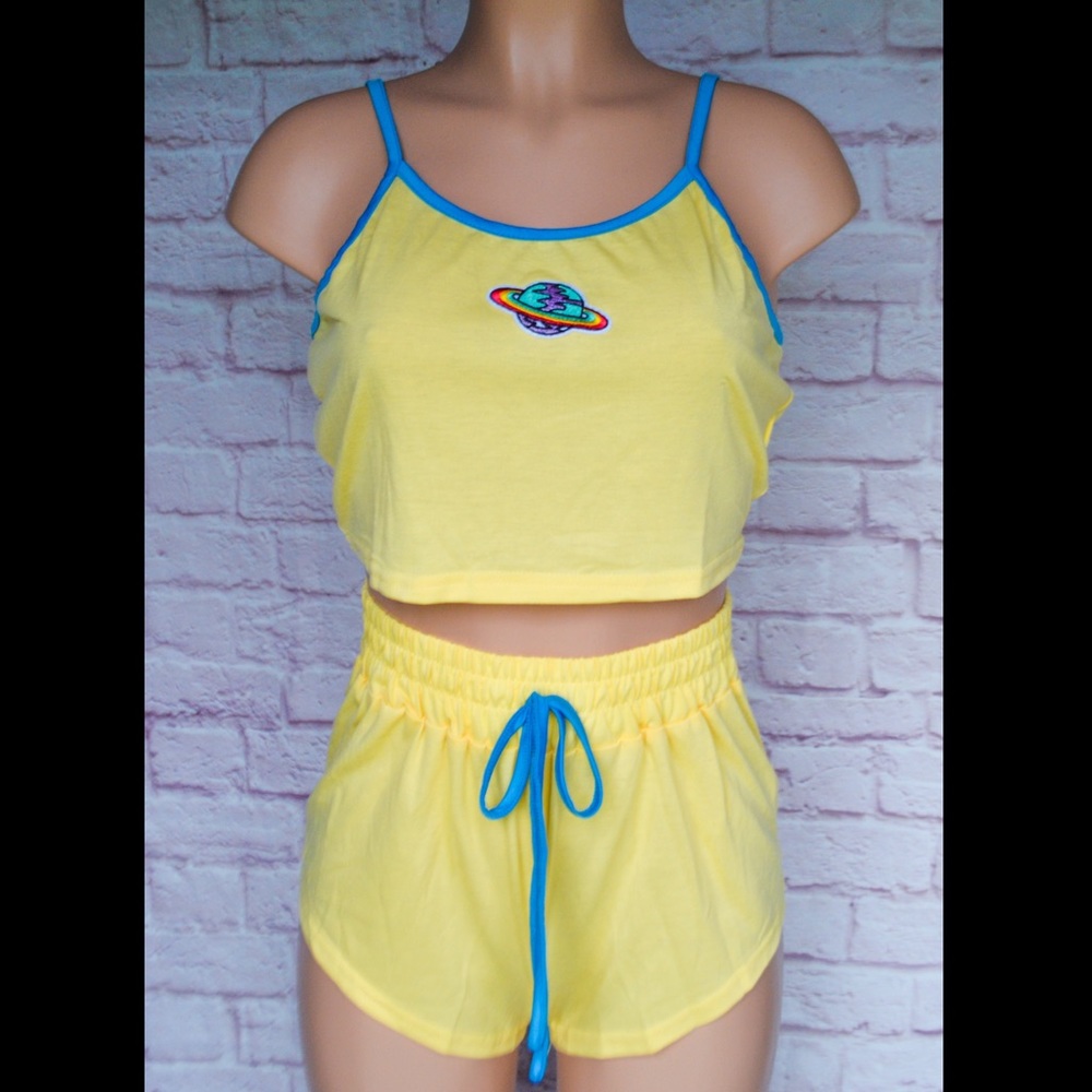 Yellow, Planet, Graphic, Cropped Cami, Pajama Set